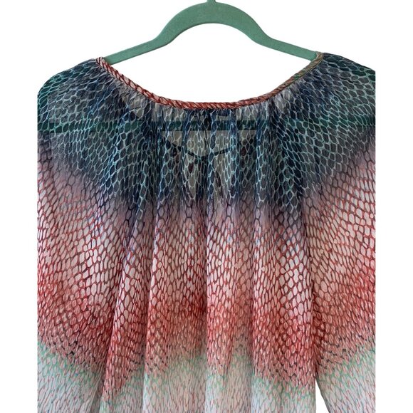 LIVERPOOL Los Angeles Navy + Orange Sheer Printed Women's Peasant Blouse Medium - Picture 9 of 10